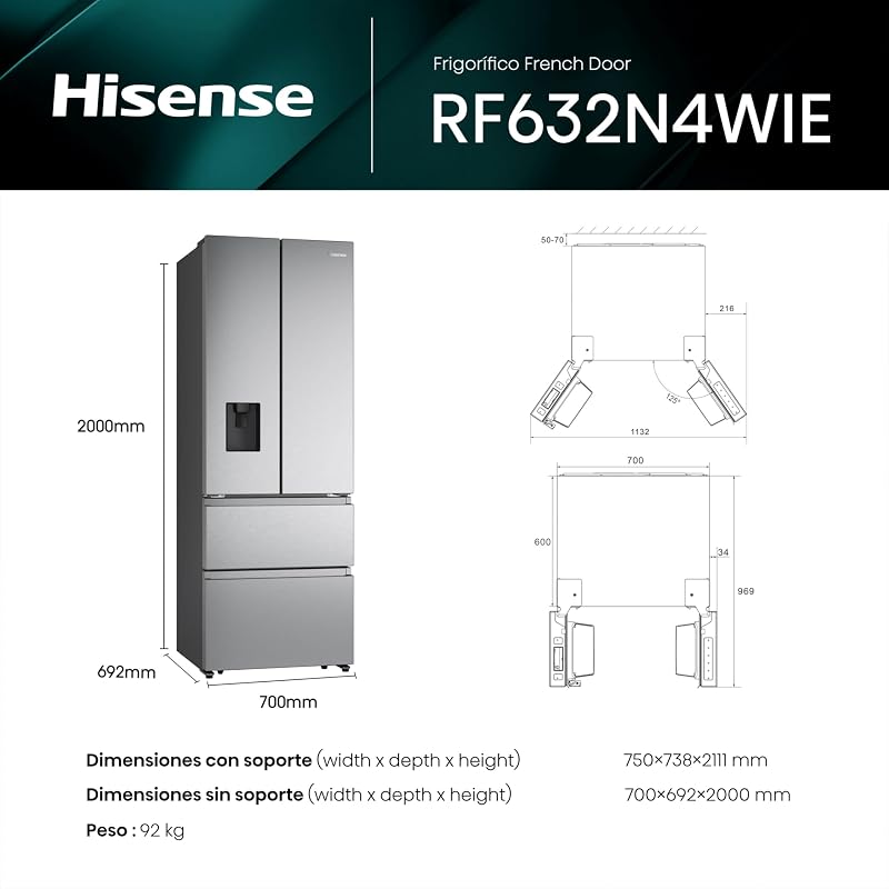 Hisense RF632N4WIE - No Frost Combi Geladeira Inox Porta Francesa, Com Dispensador, Sem Geada, 2 Metros, Gaveta, 337Litros, Sistema de fluxo de ar, Acabamento em aço inoxidável, 485 litros