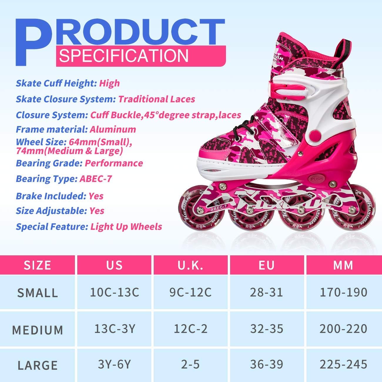 Kuxuan Adjustable Inline Skates for Kids and Youth with Full Light Up Wheels Camo Outdoor Roller Blades Skates for Girls and Boys Beginner : Sports & Outdoors