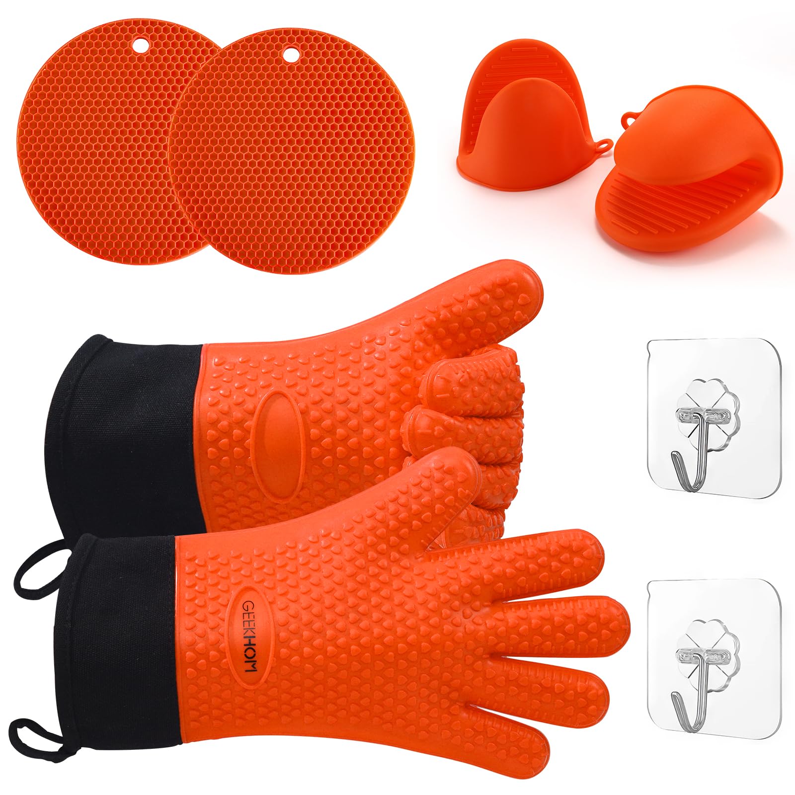 GEEKHOM Silicone Oven Gloves Set, Heat Resistant Oven Mitts and Pot Holders with Sticky Hook Waterproof Non-Slip Kitchen Gloves with Fingers for Cooking Baking Barbecue Grilling Microwave, Orange