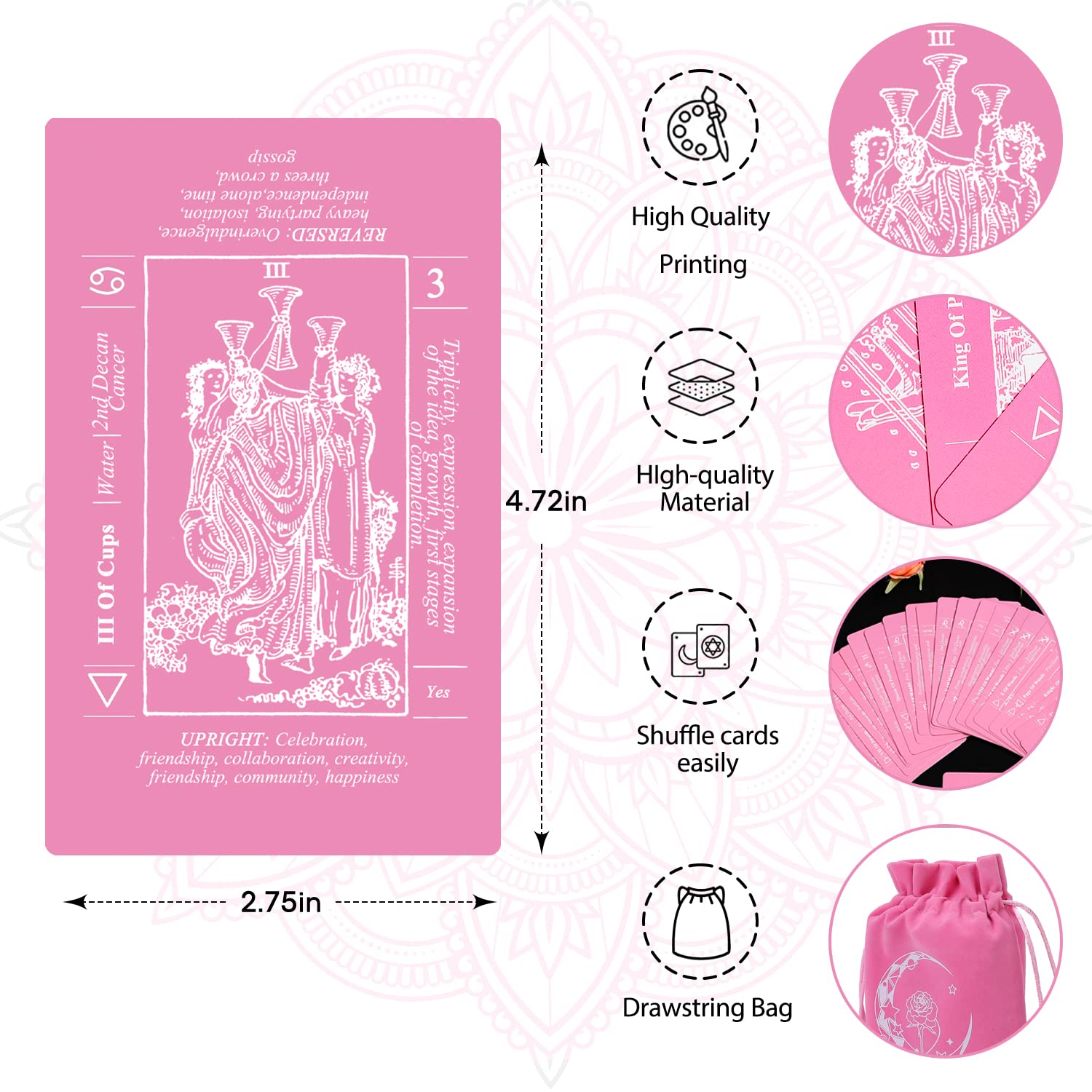 Sincerez Tarot Cards Deck for Beginners with Meanings On Them,Tarot Card with Guidebook (pink)