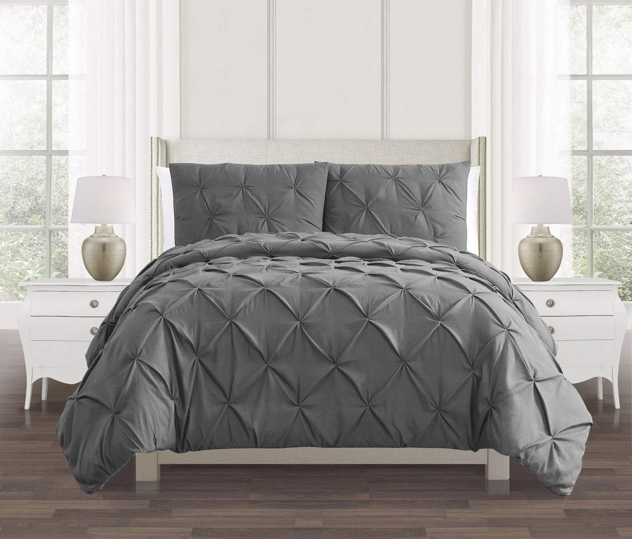 Diamond Pinch Pleat Pintuck Duvet Cover Set 100% Cotton Percale Quilt Covers Bedding Bed Sets Single Double King Super King with Pillow Cases (Charcoal, Single)