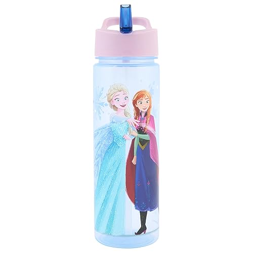 Disney Frozen Sparkle Water Bottle with Straw – Reusable Kids 600ml in PP – Official Merchandise by Polar Gear – BPA Free & Recyclable Plastic – for School Nursery Sports Picnic, Multi Colour