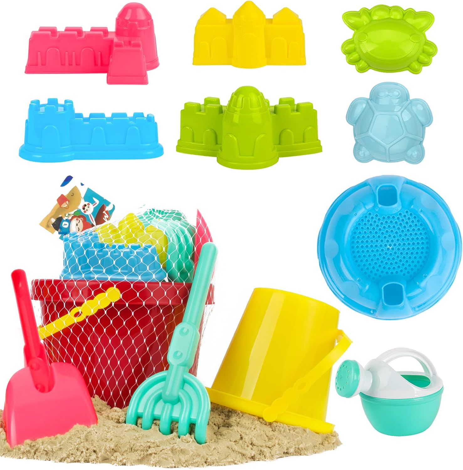 Beach Toys for Kids, Sand Toys Set Includes 8 Inch Bucket, 6 Inch Bucket, Watering Can, Shovel, Rake, Animal and Castle Sand Molds, Sand Box Toys Gift for Toddlers Boys & Girls (12 Pieces): Toys & Games