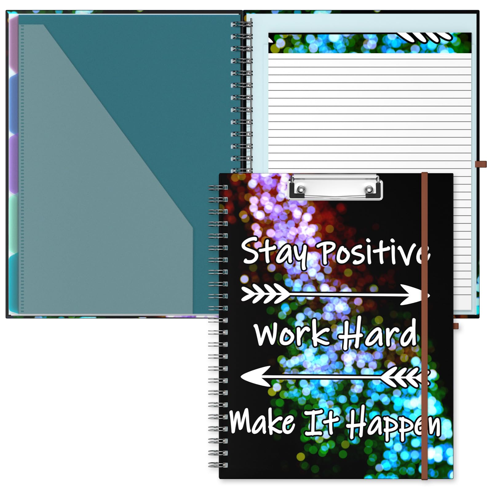 Hnogri Clipboard Folio with Refillable Lined Notepad, Clipboards with 5 A4 Folders Storage 10 Pockets, Spiral Clip Board Portfolio, Size 12.8" x 9.7", Office Supplies, School Supplies, Work Hard