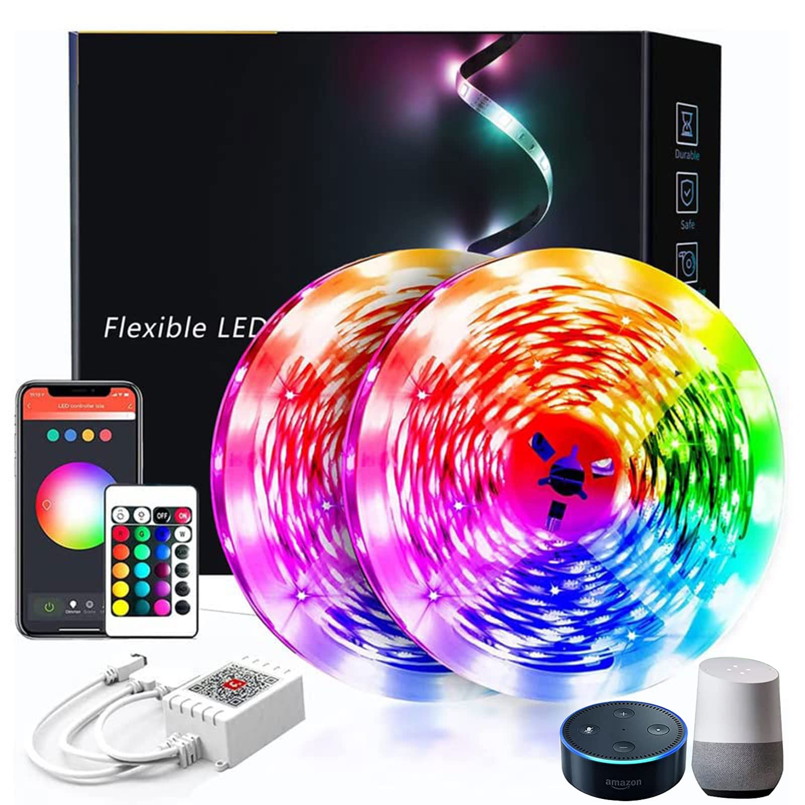 phopollo RBG Led Strip Lights for Bedroom, 15m Smart Led Strip Lights Compatible for Alexa & Google Assistant WiFi & App Control Music Sync Mode Hue Lighting (2 Rolls of 7.5m) — image 1
