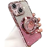 Changjia Glitter Kickstand Case for iPhone 15 Plus, Luxury Bling Sparkly Diamond Rhinestone with Camera Protector Liquid Flowing Ring Stand TPU Bumper Women Girls Case for iPhone 15 Plus 6.7" (Pink)