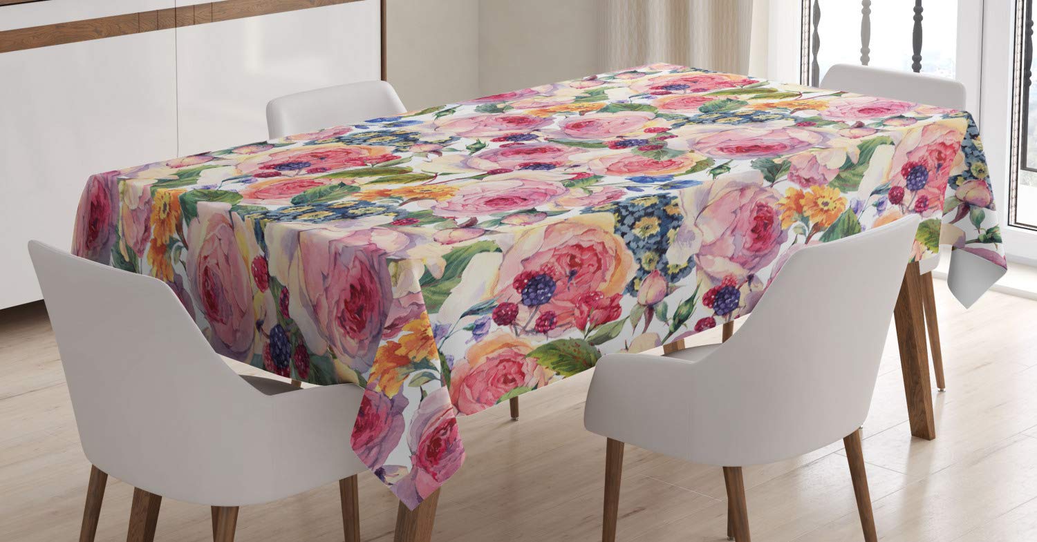 ABAKUHAUS Shabby Flora Tablecloth, Shabby Plant Rose Floral, Dining Room Kitchen Rectangular Table Cover, 54 W X 78 L, Multicolor