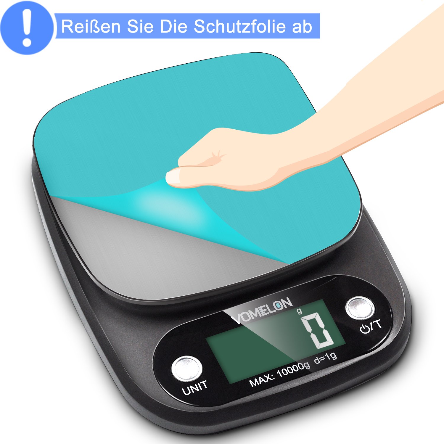 Elektronische Küchenwaage,10kg x 1g, Elektronische Waage mit Größerer Plattform Edelstahloberfläche, Tara-Funktion, Großes LCD-Display