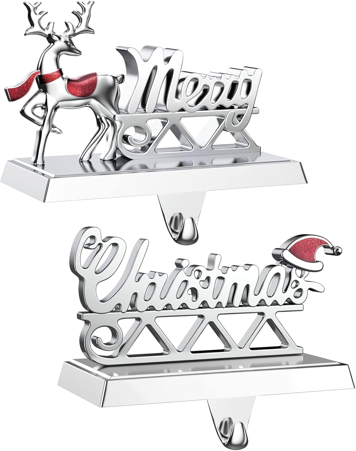 Stockings & Holders - SMINDER Merry Christmas Stocking Holders Set of 2 - Christmas Reindeer Mantle Stocking Hangers - Weighted Shiny Silver Metal Deer Home Holiday Décor