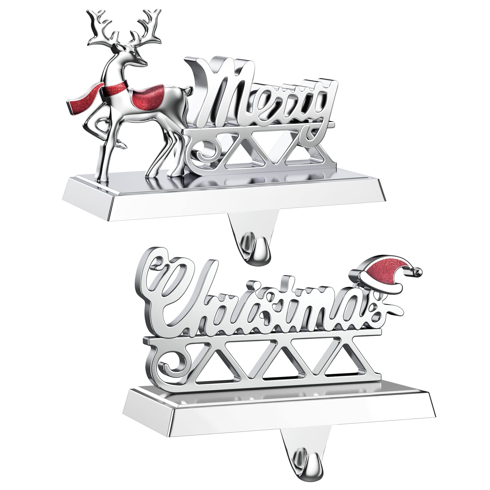 Photo 1 of SMINDER Merry Christmas Stocking Holders Set of 2 - Christmas Reindeer Mantle Stocking Hangers - Weighted Shiny Silver Metal Deer Home Holiday Décor