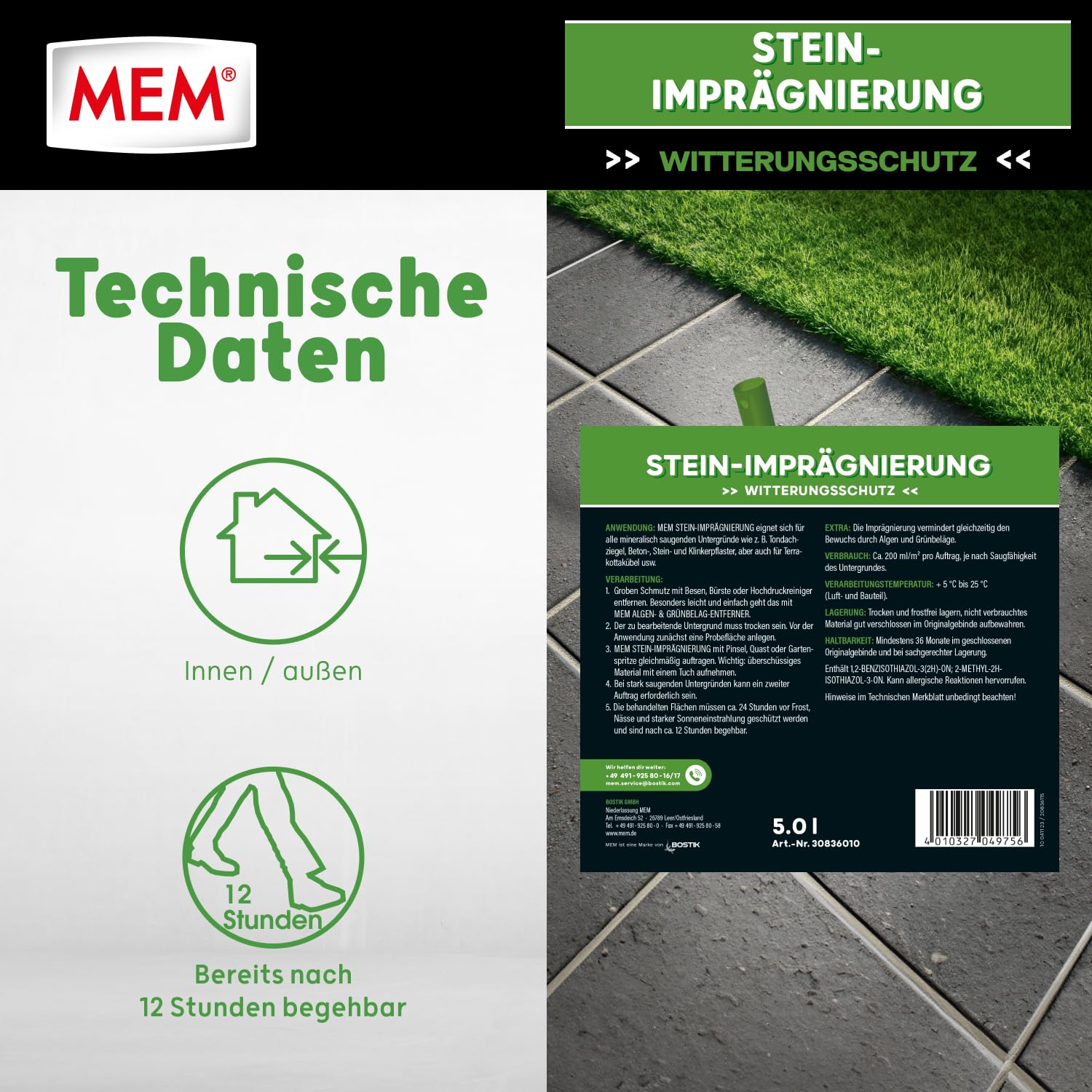 MEM Stein-Imprägnierung, Wasser- und schmutzabweisend, Schützender Abperleffekt, Lösemittelfrei, Transparent, 5 l 3