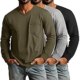 Ficerd 3 Pack Men's Big and Tall V Neck Shirts with Pocket Long Sleeve Plus Size Tops Basic Casual Loose Fall Tee