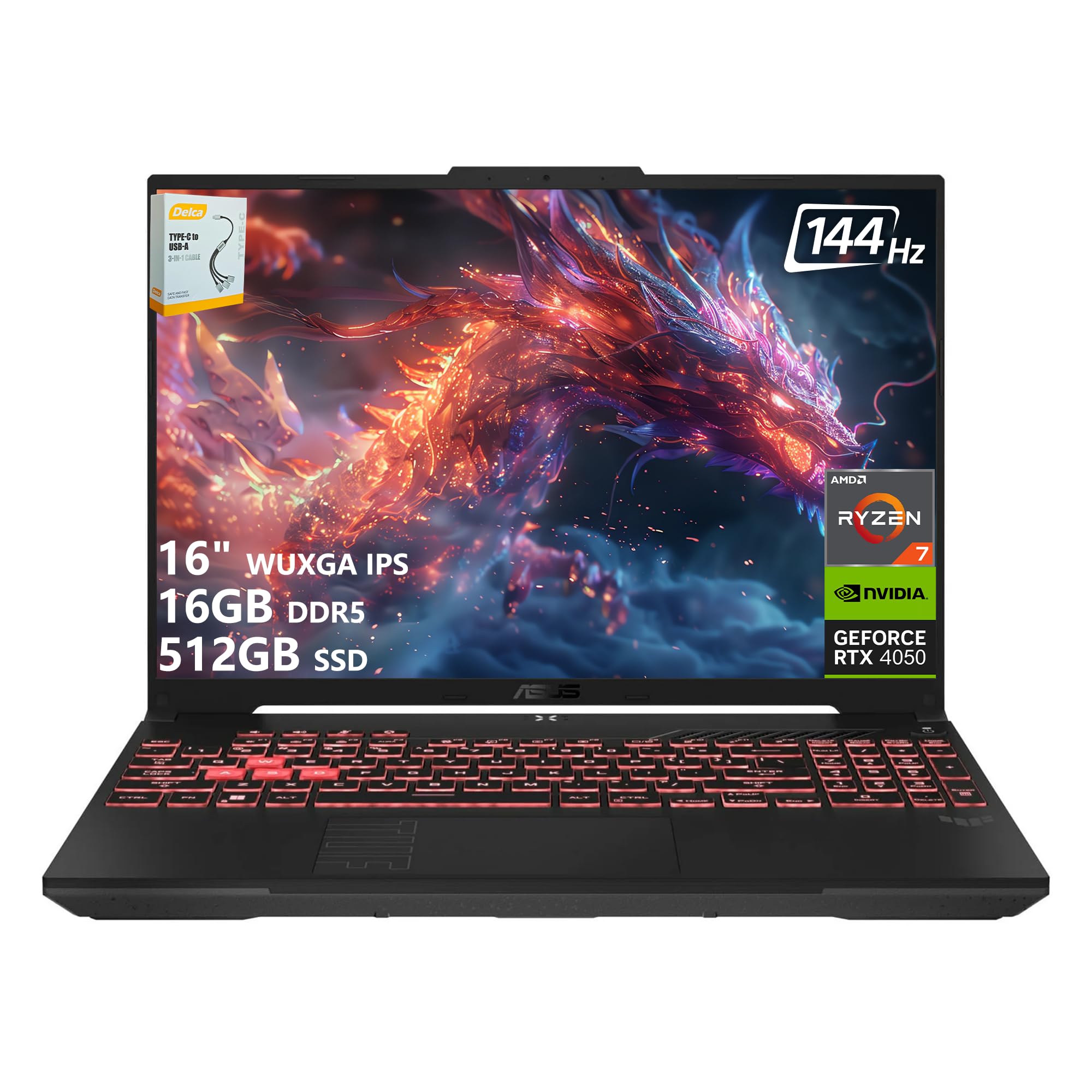 ASUS TUF A16 Gaming Laptop | 16" WUXGA IPS 144Hz | AMD 6-Core Ryzen 7 7445HS | 16GB DDR5 512GB SSD | NVIDIA GeForce RTX 4050 (194 AI Tops) | Backlit Keyboard USB 4 Wi-Fi 6 Win11 w/DLCA Accessory