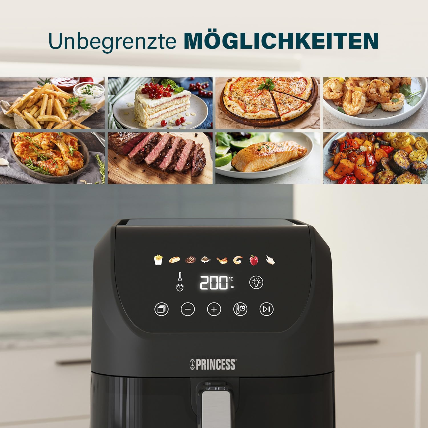 Princess SlimFry Airfryer, 8L Fassungsvermögen, 2000W, 8 Programme, Digitales Touchscreen, Einstellbare Temperatur, Sichtfenster, Automatische Abschaltung, Spülmaschinenfest, 182257 6