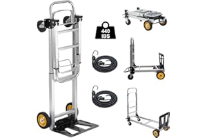 LAKEEN Aluminum Folding Hand Truck,440 lbs Heavy Duty 2 in 1 Convertible Dolly with Pneumatic Wheels,Telescopic Handles and 2 Elastic Ropes Collapsible Hand Cart for Luggage Moving Warehouse