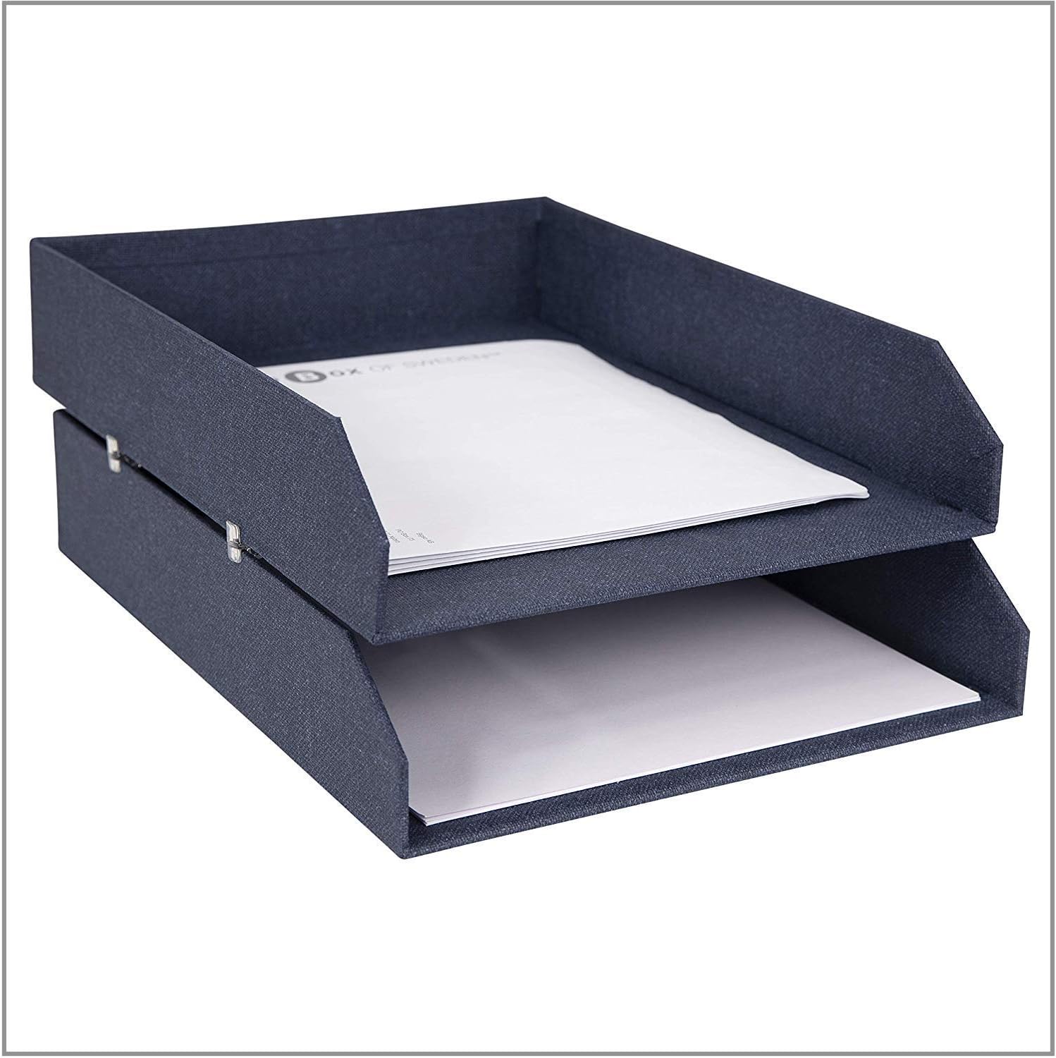 Bigso Box of Sweden Set of 2 Letter Tray Boxes for the Office - Stackable Desk Storage Box for Papers, Documents etc - Two-Tier Fibreboard Filing and Storage Box System - Blue