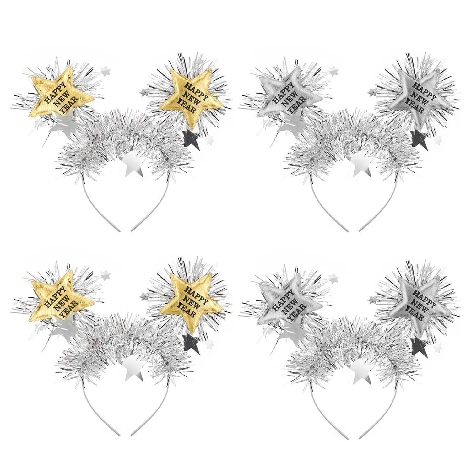 MEISH 4 Pieces Happy New Year Headband Tiara Glitter Star Sequins Headband Cute Headpiece Hairband New Year Party Supplies for New Years Eve Party Kids Adults