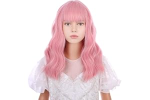 WAVELNM Kids Pastel Pink Wig with Bangs Child Short Wavy Curly Wig Girls Short Bob Pink Wigs Shoulder Length Pastel Synthetic Bob Wigs for Kids Girls Daily Party Hallween Cosplay Use