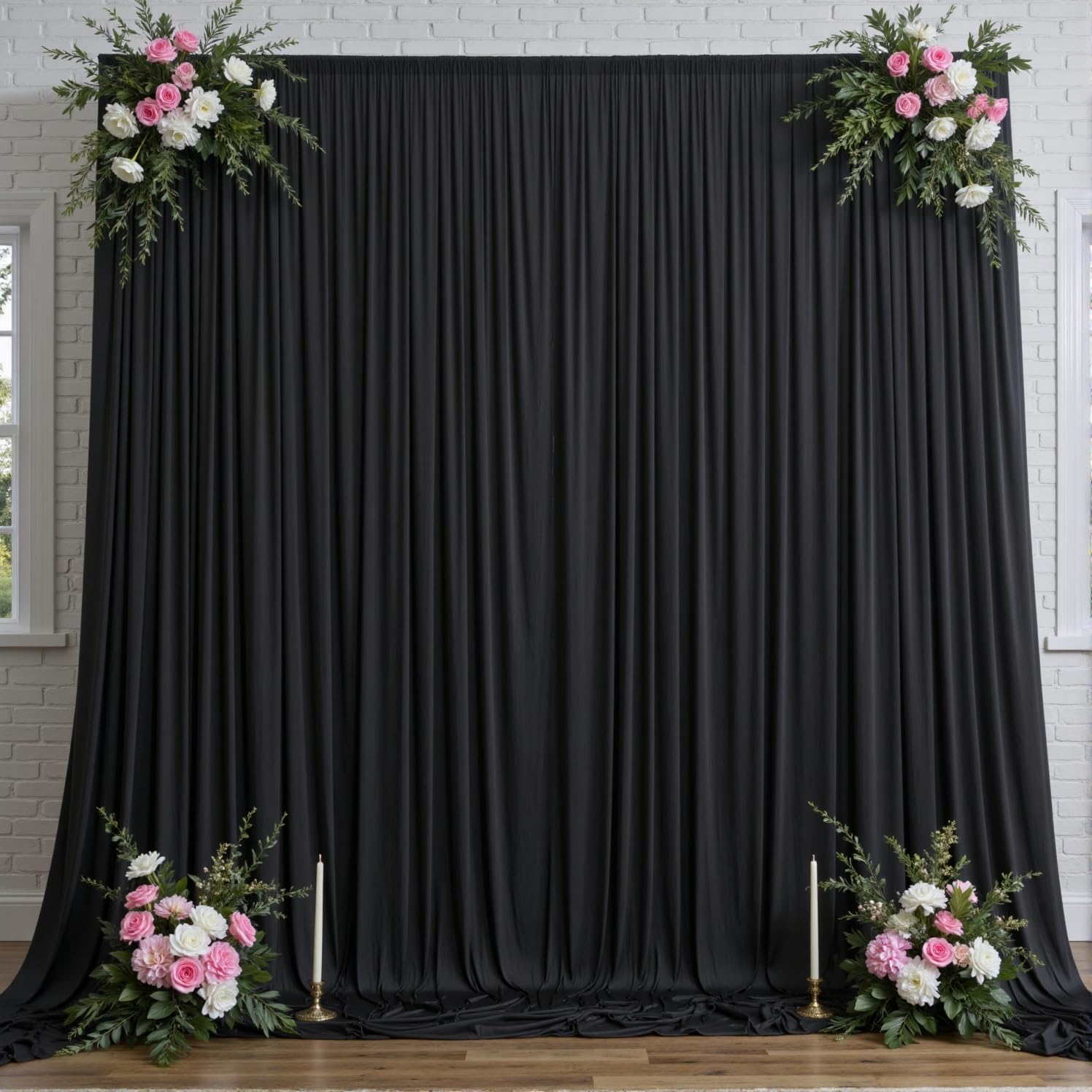 Photo 1 of 10ftx12ft Black Wrinkle-Free Wedding Backdrop Curtain -Silky Washable Black Polyester Drapes for Baby Showers, Birthday Parties, Photography, and Wedding Receptions-2 Panels 5FTx12FT