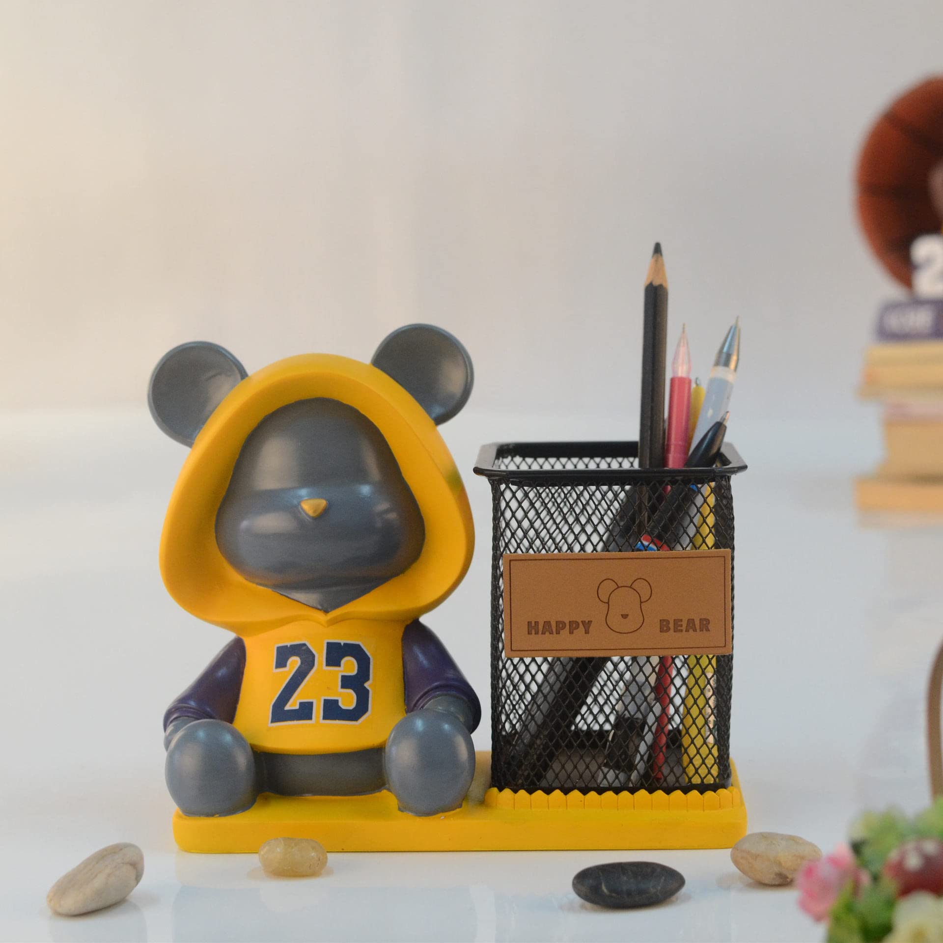 Hosoncovy 2 in 1 Cartoon Bear Piggy Bank Pen Holder Money Box Coin Bank Pencil Holder Desk Pen Holder Pen Organizer (Yellow)