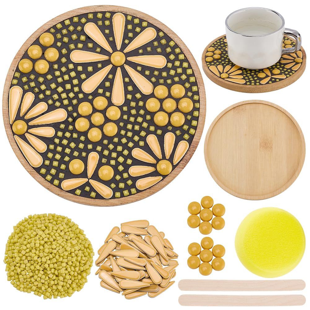 WEBEEEDY DIY Mosaic Tiles Coaster Kit Handmade Golden Flower Theme Mosaic Coaster with Instruction Gold Wall Art Mosaic Kit for Adult Beginner Christmas DIY Gift Home Desktop Decor(15.5cm/5.9 Inch)