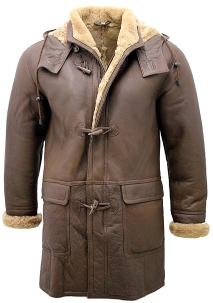 Herren Braun Schaffell-Leder abnehmbarer Kapuze Dufflecoat