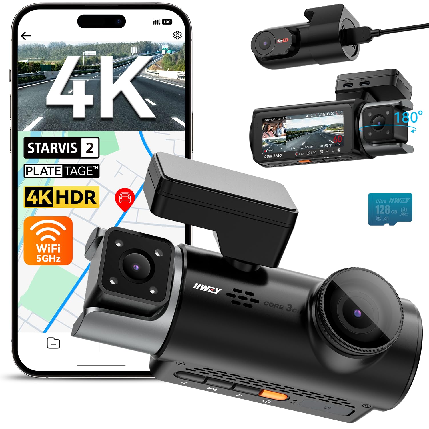 Photo 1 of IIWEY 4K Dash Cam 3 Channel, Triple STARVIS 2 Sensors (IMX678 Front, IMX675 Cabin & Rear), 4K+2K+1080P HDR, Night Vision 3.0, PlateTag AI for Plate Clarity, 5GHz WiFi, GPS, Parking Mode, 128GB Card In