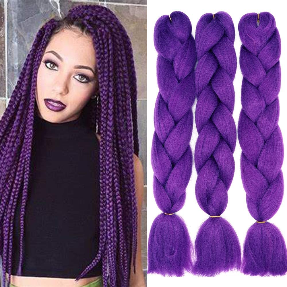 24" Braiding Hair Extension Jumbo Braids Synthetic 3bundles/pack 300g Crochet Hair Afro Box Braid Heat Resistent (Dark Purple)