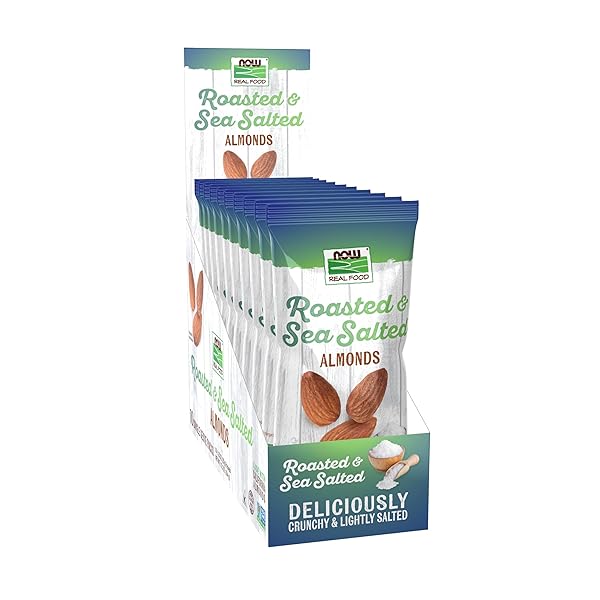 NOW FOODS, ALMONDS, ROASTED WITH SEA SALT, SOURCE OF PROTEIN, FIBER AND HEALTHY FATTY ACIDS, GROWN IN THE USA, CERTIFIED NON-GMO, 10 SINGLE PACKETS