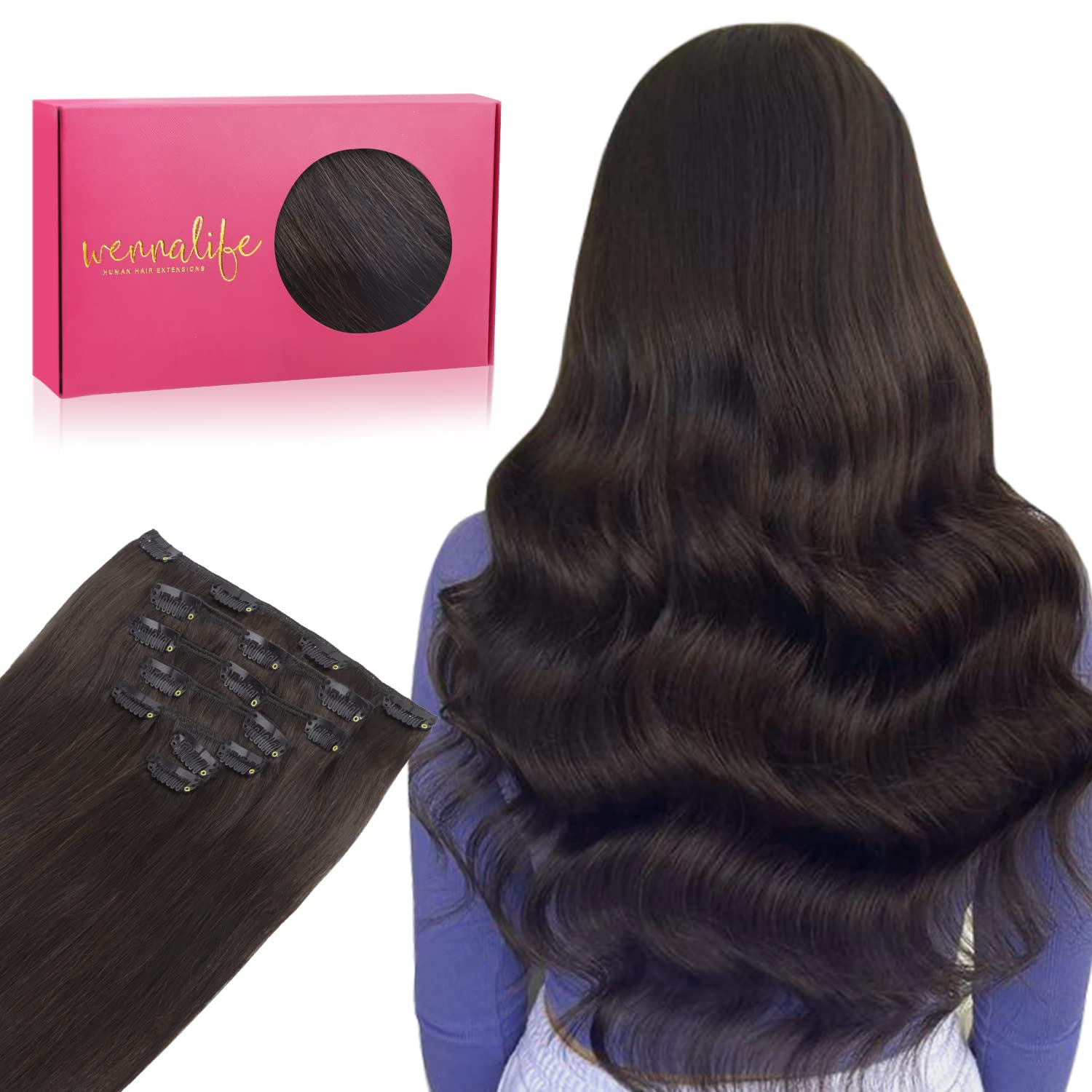 WENNALIFE Clip In Hair Extensions, 18 Inch 70g 7pcs Dark Brown Real Human Hair Extensions, Natural Silky Remy Hair