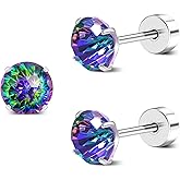 ZDE Titanium Women Flatback Earrings AAAA+ Cubic Zirconia Silver CZ Simulated Diamond Earrings Stud Hypoallergenic Cartilage Earring Piercing Jewelry 6mm