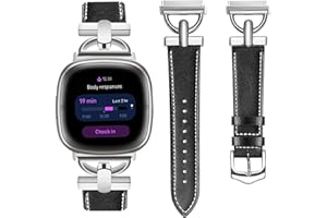 APAWBAND D-Shape Leather Band Compatible with Fitbit Sense Bands/Fitbit Versa3 Bands Women, Dressy Leather Strap with D-Shape Metal Buckle for Versa 3/Sense(Black/Silver)