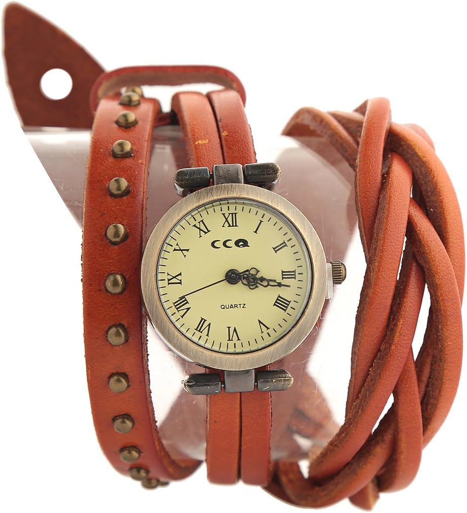 Soulvin Unisex Retro Rivet Charm Watch Weave PU Belt Twine Wrist Bracelet Watch Orange