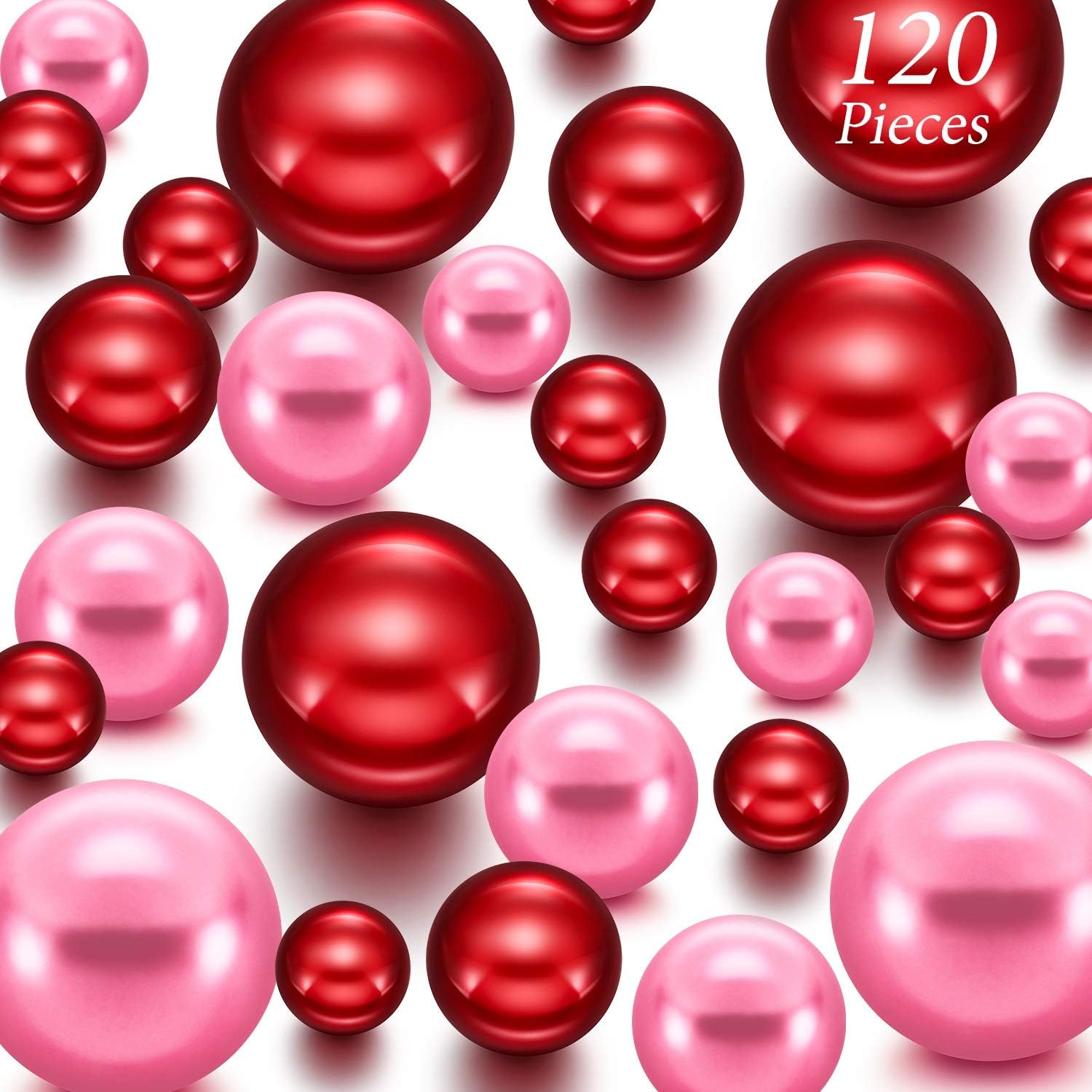 Vase Fillers - Hicarer 120 Pieces Valentines Day Pearl for Vase Filler Pearls Bead for Vase Makeup Beads for Brushes Holder Faux Pearl Beads for Valentine Home Wedding Decor, 14/20/ 30 mm (Dark Pink, Bright Red)