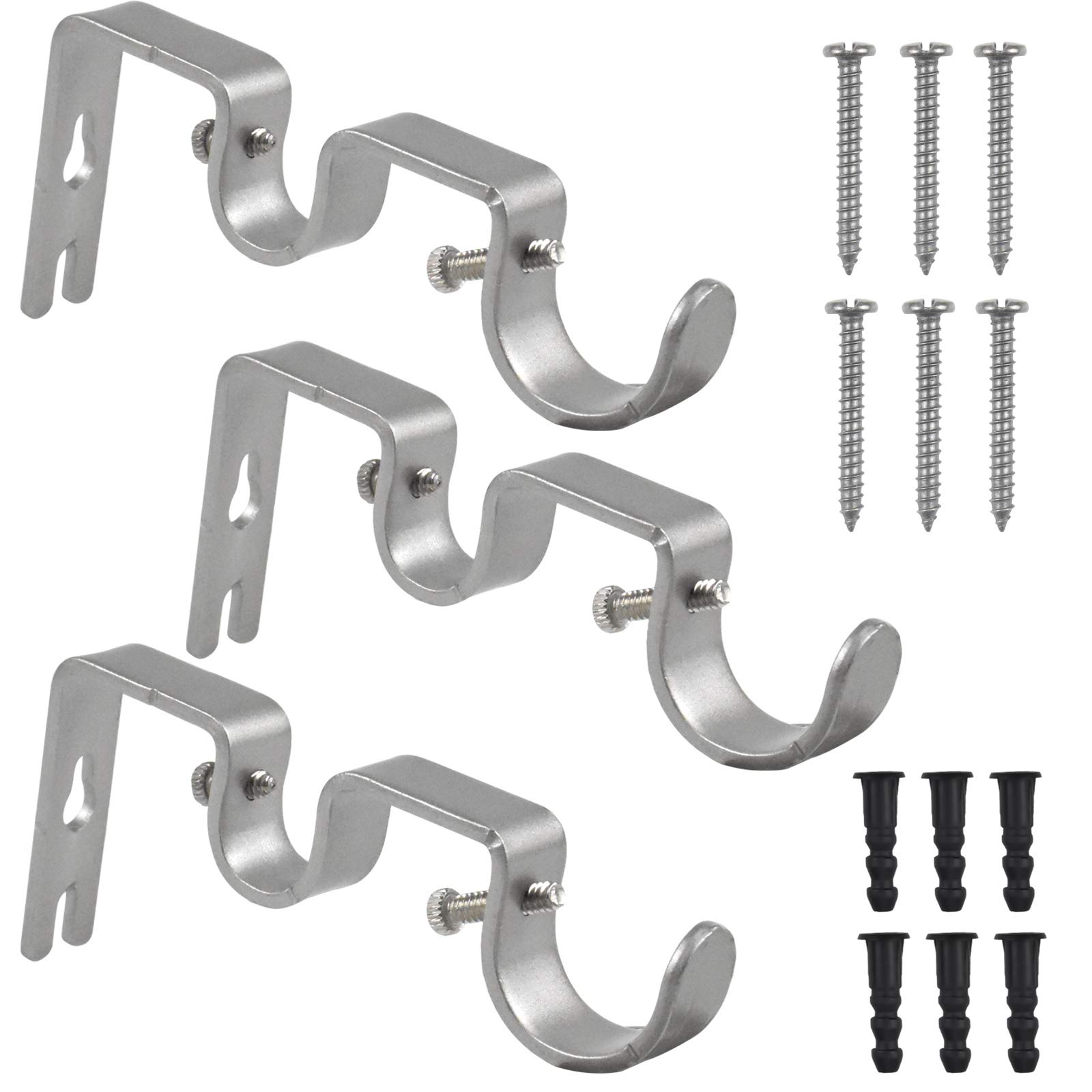 Fodlon 3 Pack Adjustable Metal Curtain Rod Brackets with Screws and Drilling (Silver)