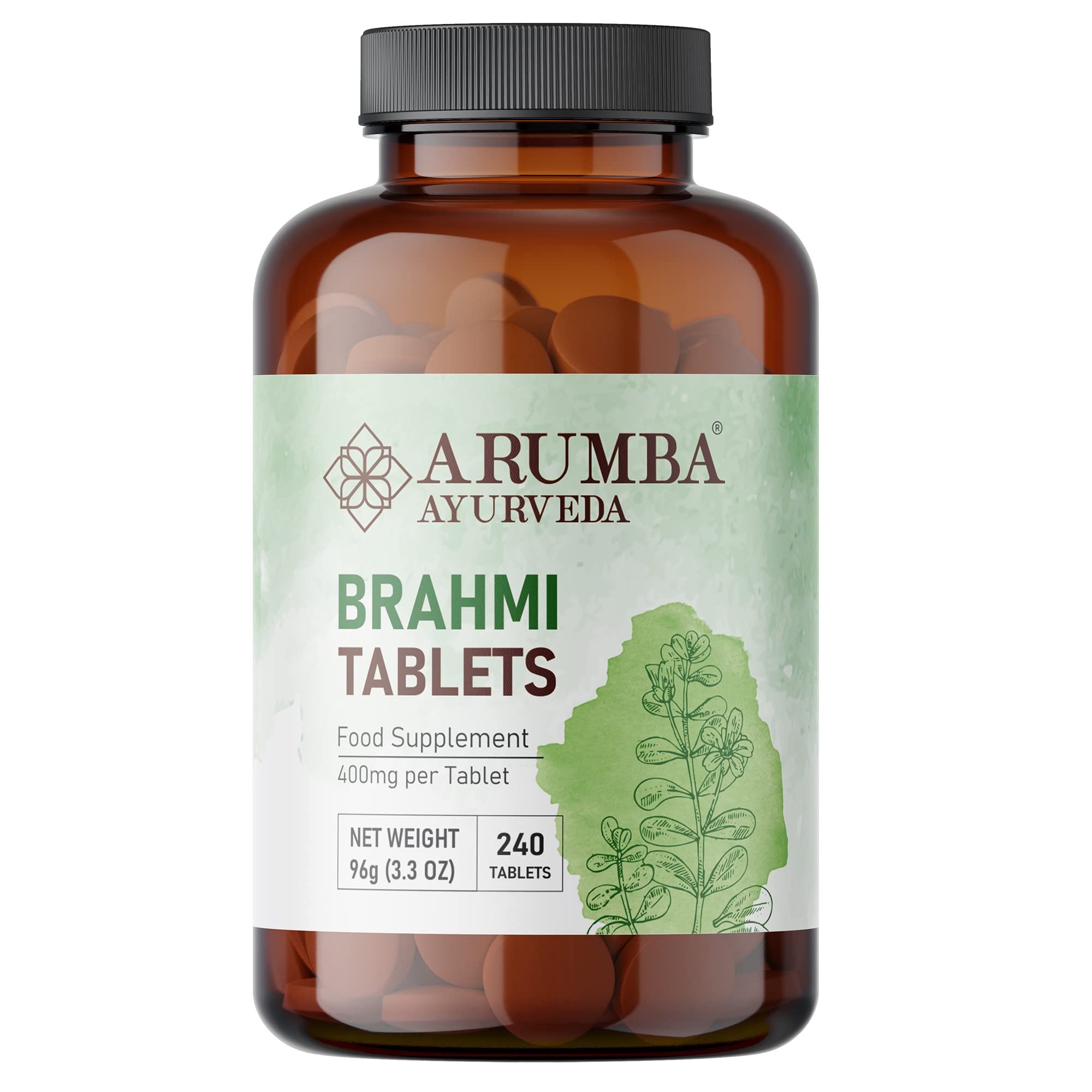 Arumba Ayurveda Brahmi Tablets 240 Tablets, 400 mg per Tablet, Made with Pure Bacopa Monneri Leaf Powder