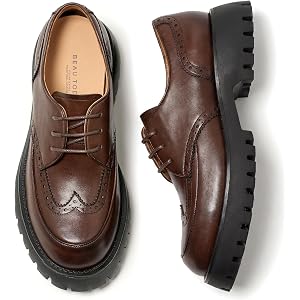 BEAU TODAY Women's Platform Oxfords, Genuine Leather Brogue Wingtip Oxfords for Women, Chunky Lug Sole Lace Up Dress Shoes, C
