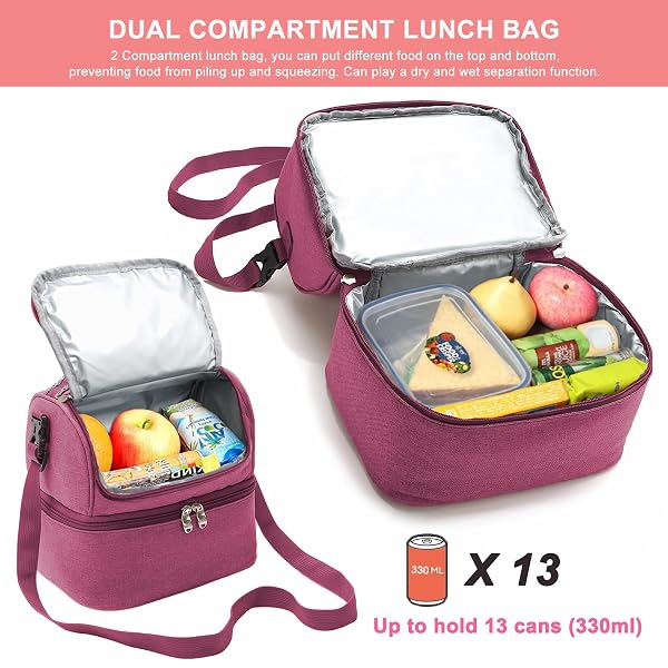 YUMINGUHC LUNCH BAG FOR WOMEN DOUBLE DECKER LEAKPROOF LUNCH BOX FOR MEN ADULT SMALL COOLER INSULATED LUNCHBOX THERMAL TOTE WORK TRAVEL PICNIC FOOD DRINK COOL BAG (TARO-PURPLE)