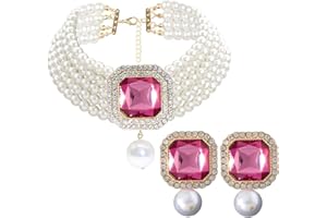 CIOOU Pearl Choker Necklace for Women Gold Crystal Rhinestone Pearl Collar Statement Necklaces Earrings Bridal Pearls Diamond jewelry Set for Wedding