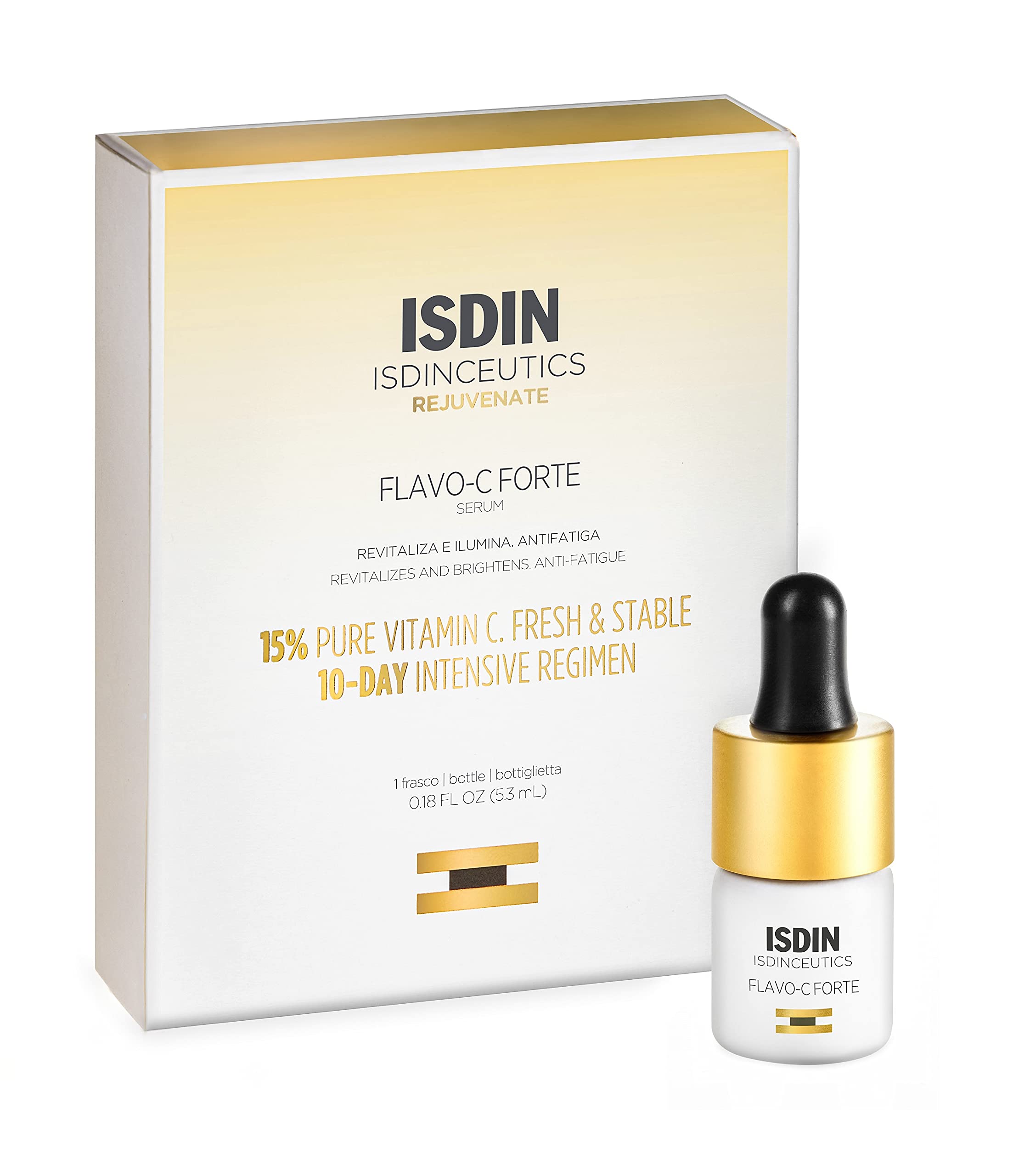 ISDIN Isdinceutics Flavo-C Forte (1 ampoule) | Intensive facial serum with 15 Percent pure and fresh vitamin C that revitalizes, brightens and helps reduce the signs of skin fatigue