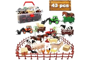 Kimicare 3 Pack Farm Toy Tractor with 40pcs Plastic Farm Animals Figurines and Fence Farm Playset, Farm Figures Farmer Vehicle Toy Truck with Trailer Birthday Gifts Christmas Stocking Stuffers