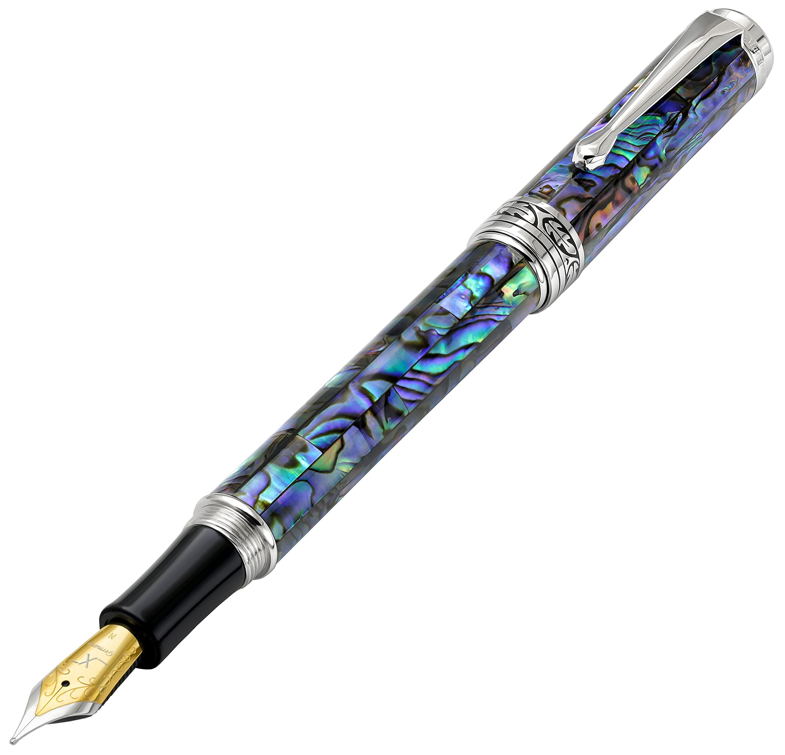 Xezo Maestro Fountain Pen, Medium Nib. Natural Abalone Sea Shell Inlay with Pure Platinum Plating. Handcrafted, Limited Edition, Serialized