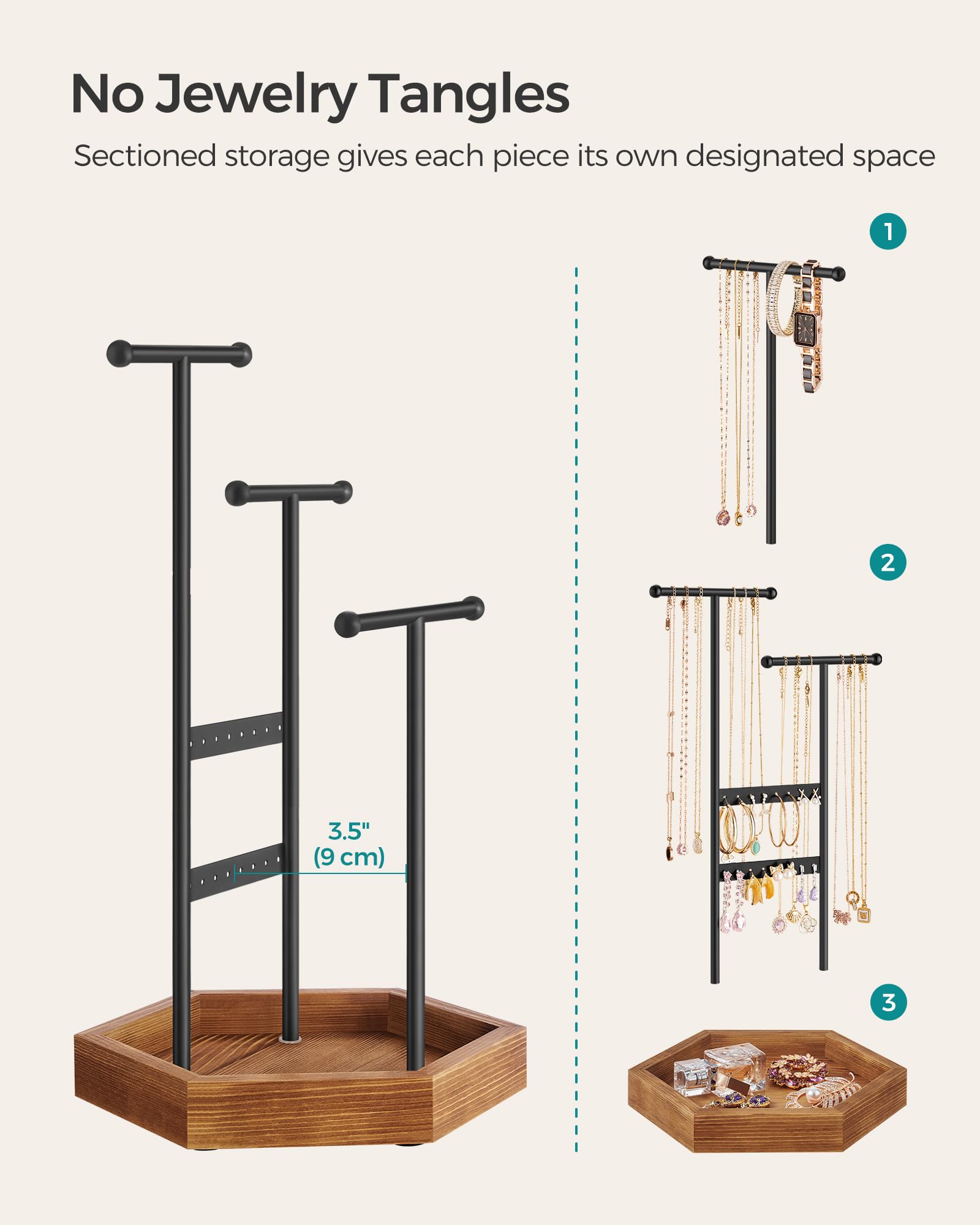SONGMICS Jewelry Holder, Jewelry Organizer, 3 Tiers and 1 Tray, Jewelry Display Stand with Metal Frame, Necklace Earring Bracelet Holder, for Rings, Christmas Gift, Ink Black and Caramel Brown