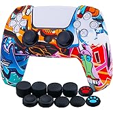 YoRHa Water Transfer Printing Silicone Thickened Cover Skin Case for PS5 Controller x 1(Comic Graffiti) with Thumb Grips x 10