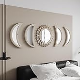 WAKOSAN Wall Mirror, Moon Phase Mirror Set, Wall Decor for Bedroom, Bohemian 5PCS Wooden and Real Glass Mirror with Crystal Clear Reflection, Boho Decor, Multi-Angle Installation (White)