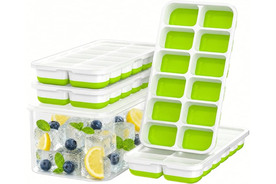 Ice Cube Tray with Lid and Bin - 4 Pack Molds Space-Saving Ice Bucket Kit | Stackable Silicone Trays for Freezer, for Whiskey, Cocktails, Coffee, Juice, Soda, Kitchen & RV
