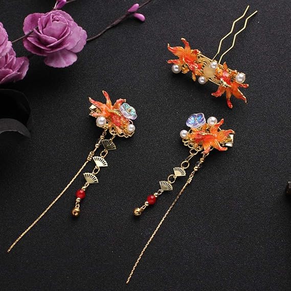 Amazon Co Jp ヘアピン中国のレトロヘアピン古代中国の衣類の頭飾り縁取られた髪のステップヘアピン中国の金魚ガラスのペア 服 ファッション小物