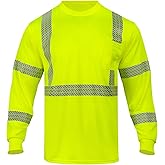 HIS ZEST Hi Vis Shirts for Men,Safety Long Sleeve Men's High Visibility Reflective Class 3 T-Shirt for Construction Work