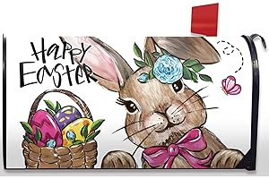 FBCOO Happy Easter Bunny Eggs Mailbox Cover Magnetic Standard Size 21" x 19", Cute Rabbit Spring Decorative Post Letter Box Wrap Decor Funny Garden Yard Outdoor Decoration