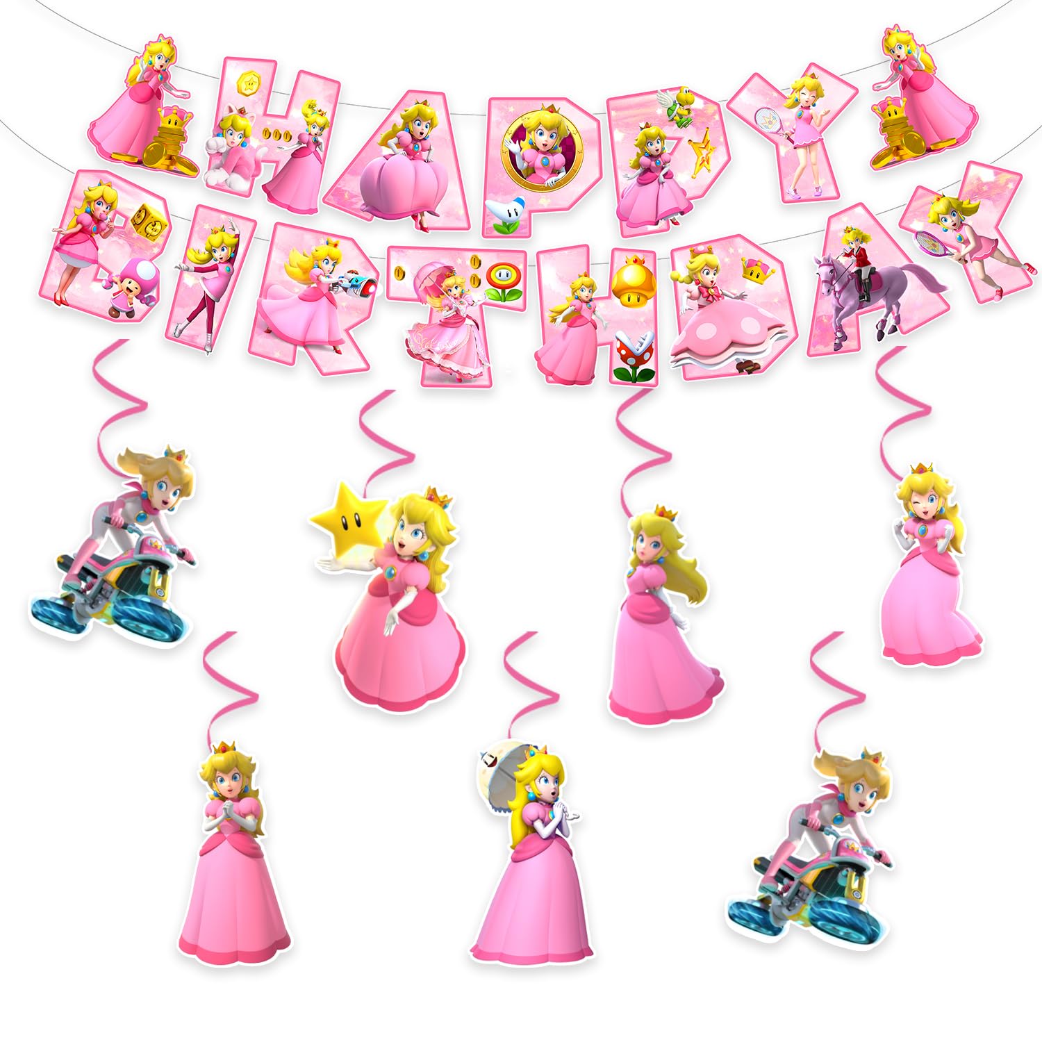 Photo 1 of 13Packs Princess Peach party supplies Include 12 pcs Hanging Swirls and 1 Happy Birthday Banner for Princess Peach party Decoration